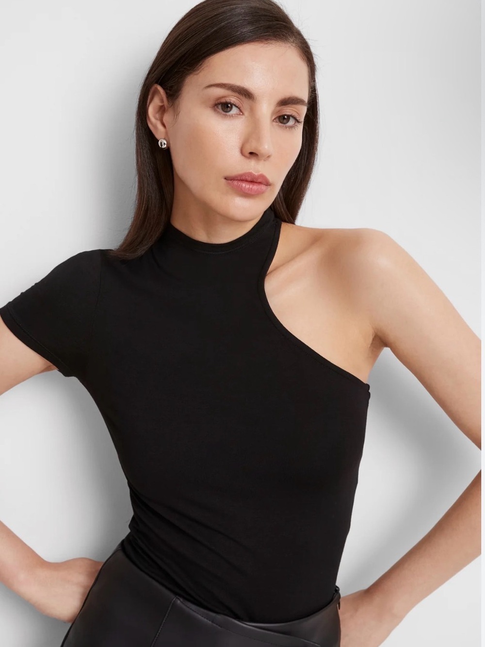 MARCELLA NYC Asymmetric One-Shoulder Mock Neck Top — Black